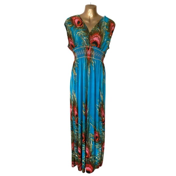 NWOT Turquoise Peacock Maxi Summer Dress | Versatile Festival Carnival Beachwear - Picture 2 of 11